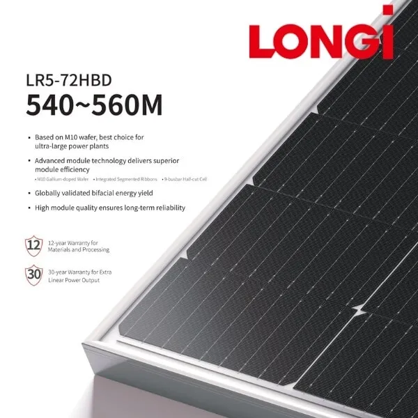 Tấm pin LONGi 2 mặt kính 545W | LR5-72HBD-545M